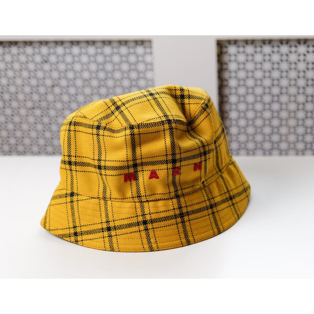 NWT Marni Golden Yellow Plaid Logo Wool Bucket Hat Red Embroidered L RRP $475